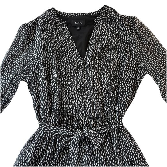 MSK Women's Black Printed Pintucked Split Neck Tie at Waist A-Line Dress Size 14 - Picture 7 of 16